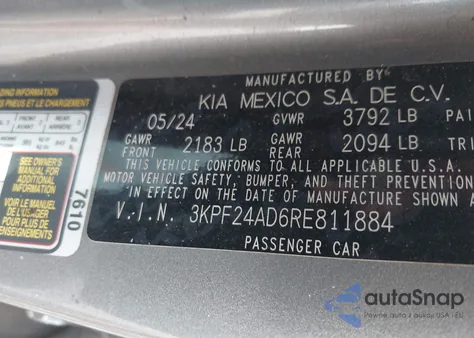 2024 Kia Forte Lxs z USA, uszkodzony, nr VIN 3KPF24AD6RE811884